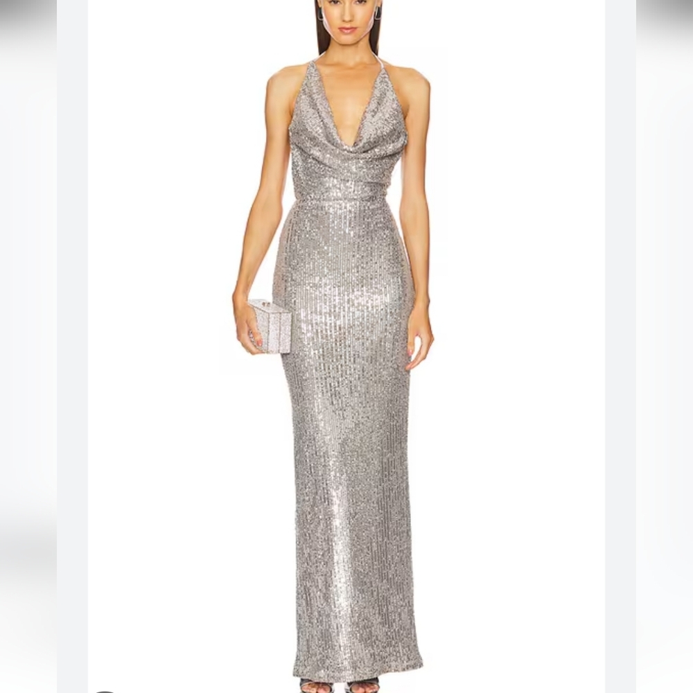 Michael Costello Silver Sequin Halter Maxi Dress